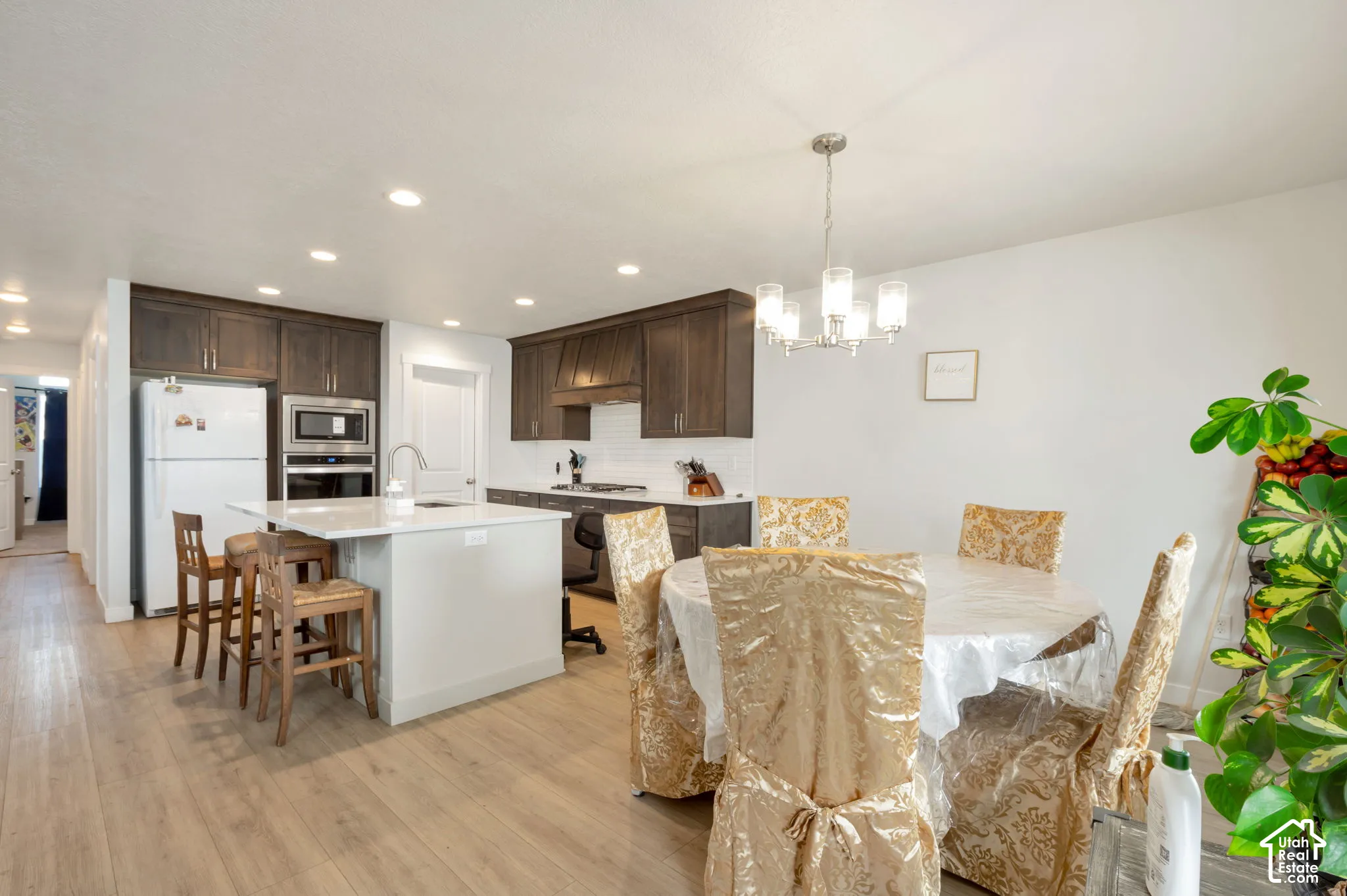 Kitchen featuring wood-finish flooring, recessed lighting, and dark wood cabinetry