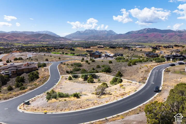Mountain-backed scenery with a paved residential road and surrounding properties