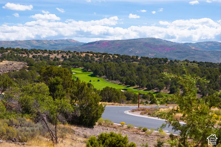 Paved road with a golf course and distant mountains