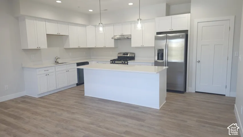 White cabinetry, light-toned countertops, wood-finish flooring, stainless steel appliances, and a central island