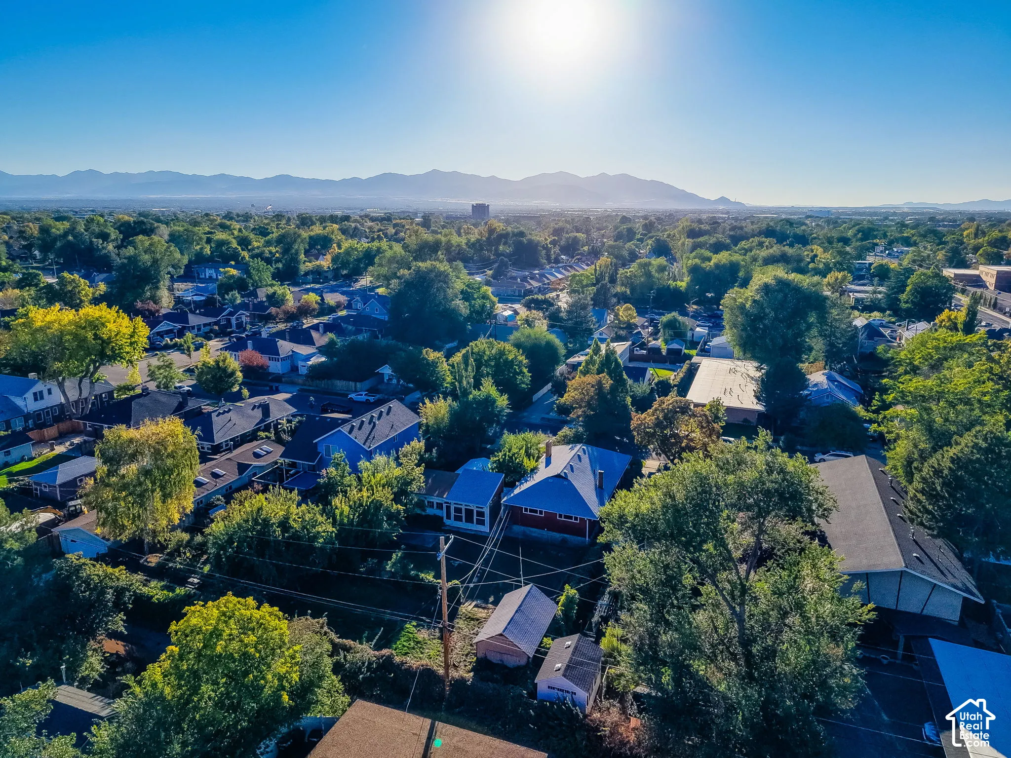 Expansive neighborhood with mature trees and visible mountain range