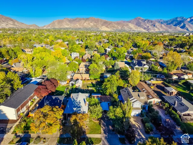Expansive neighborhood showcasing mature trees and mountain backdrop