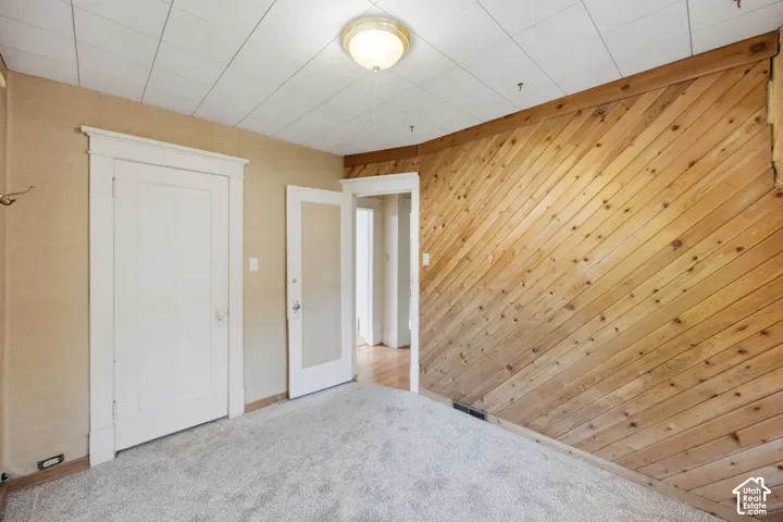 Plank wood accent wall, white painted door with trim, neutral wall color, overhead flush mount light, and plush carpeting