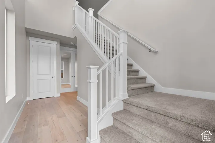 Carpeted staircase with white balusters, light wood-finish flooring, and a contemporary white two-panel door