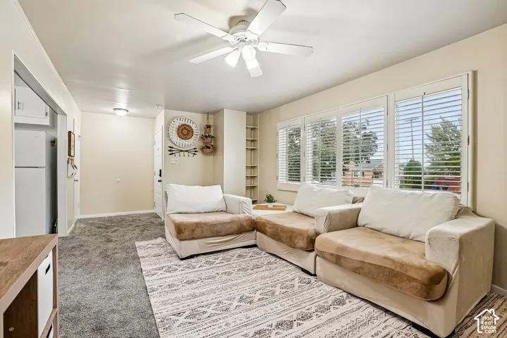 Ceiling fan, multiple windows with louvered shutters, built-in shelving, recessed lighting, and carpet flooring