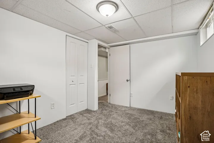 White walls, gray carpet, and a drop ceiling