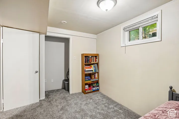 Recessed ceiling light, white trim, light-colored walls, window with blinds, and gray carpet
