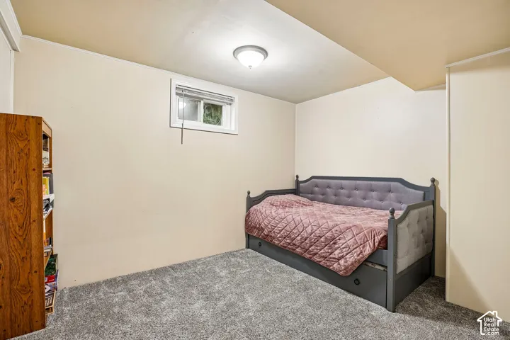 Neutral wall tones, gray carpeting, single window with blinds, flush-mount ceiling light