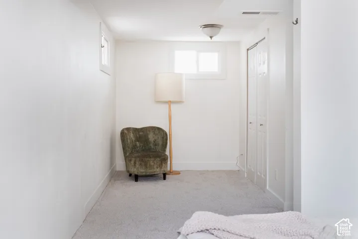 Recessed windows, wall-to-wall carpeting, and a flush-mount ceiling light