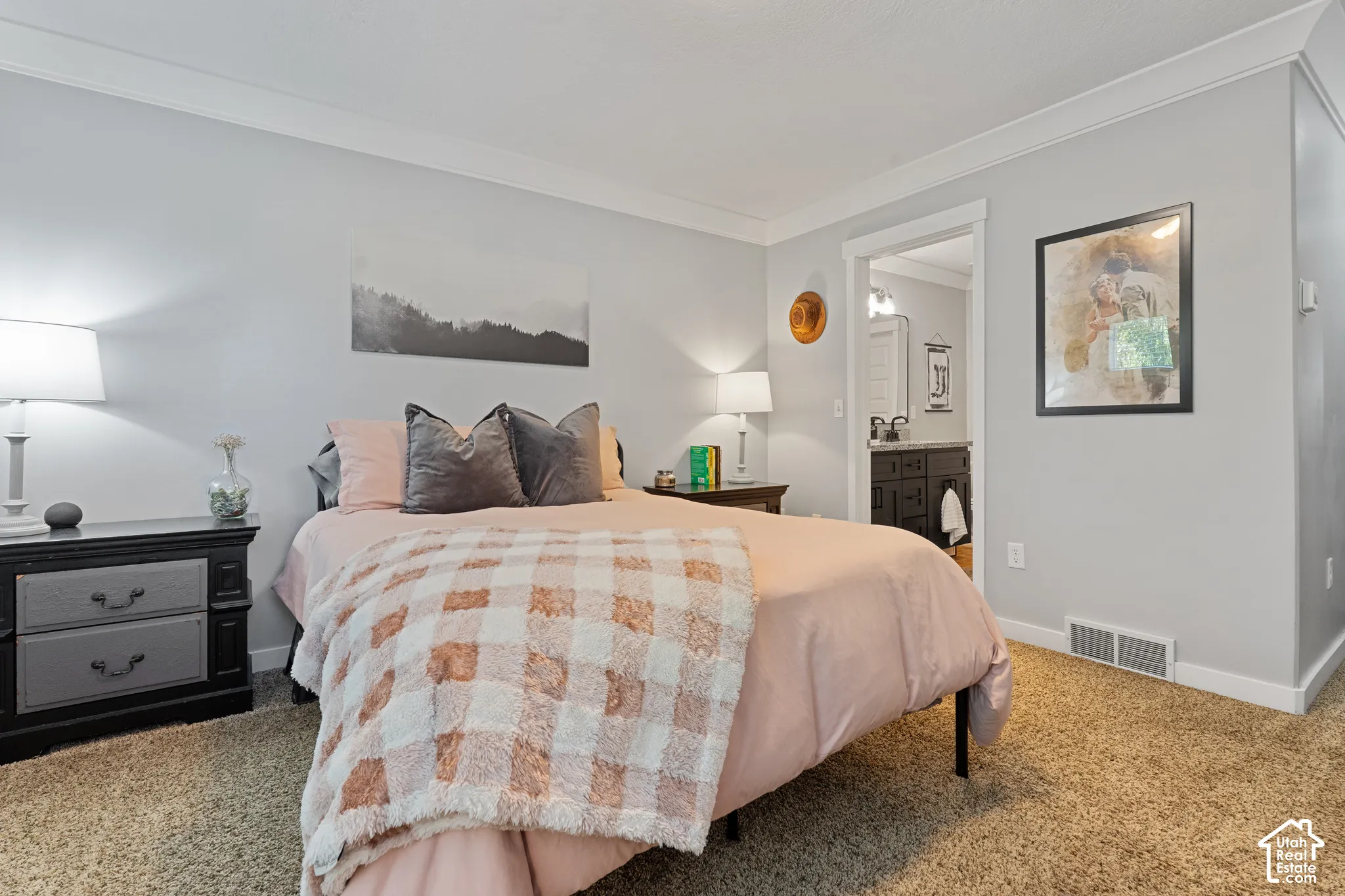 Carpeted room with light gray walls, white crown molding, and an attached bathroom featuring a dark wood-finish vanity with a vessel sink