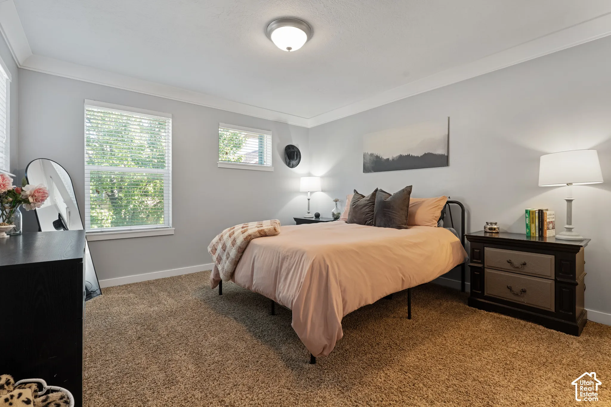 Wall-to-wall carpeting with light gray wall paint, crown molding, and two windows