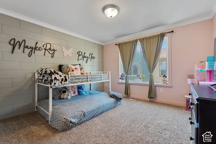 Wall-to-wall carpeting, crown molding, and a light fixture