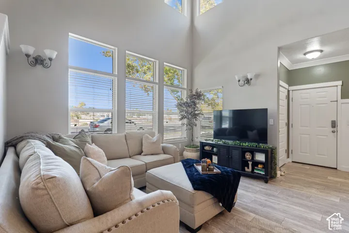 Living area featuring high ceilings, multiple tall windows with blinds, wood-finish flooring, and a paneled entry door