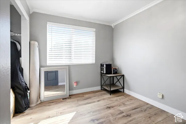 Light gray walls with white crown molding and baseboards