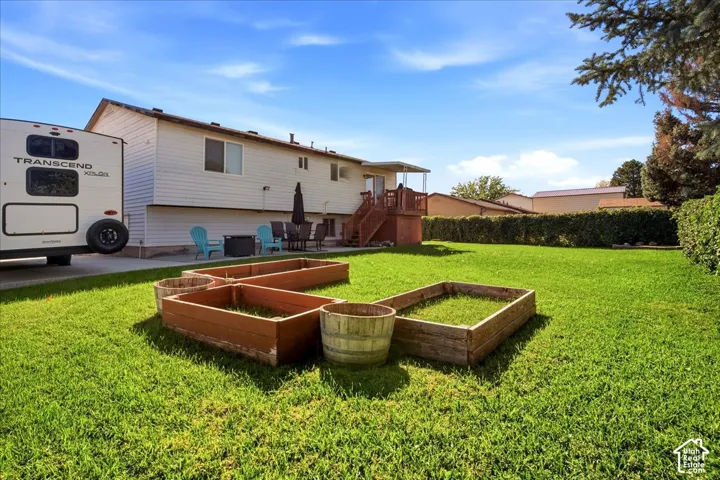 Expansive backyard featuring a manicured lawn, raised garden beds, and mature perimeter hedging
