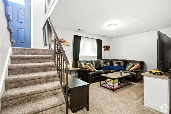 Carpeted staircase with dark metal railing