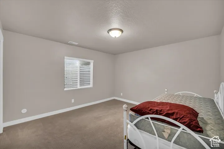 Neutral tone wall paint, carpeted flooring, window with blinds, and flush mount ceiling light