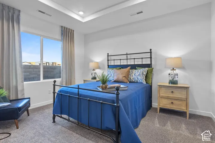 Recessed lighting, tray ceiling, large window, and wall-to-wall carpeting