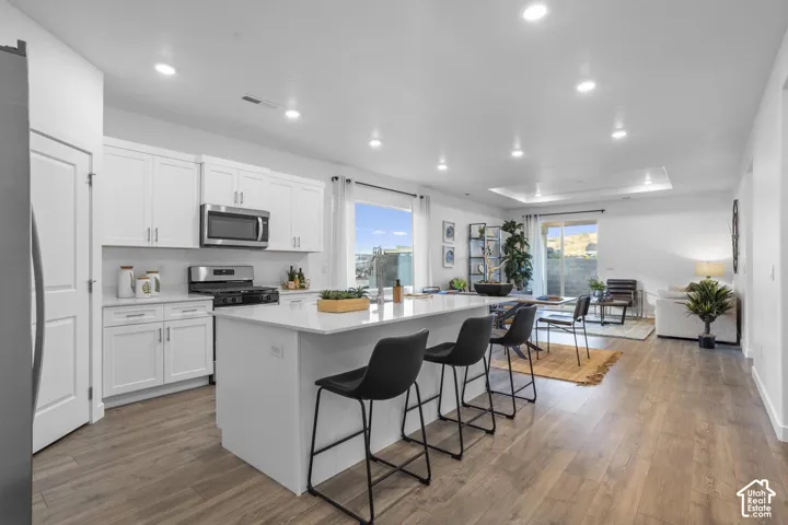 White shaker cabinetry, stainless steel appliances, central kitchen island with seating, wood-finish flooring, and recessed ceiling lighting