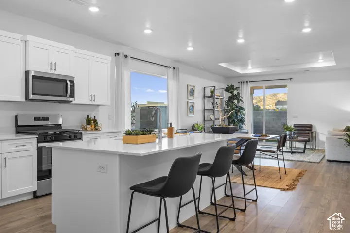 White kitchen cabinetry with stainless steel appliances, a center island with a light-colored countertop, and wood-finish flooring