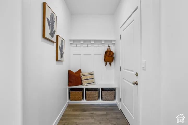 Entryway with wood-finish flooring, built-in bench with storage cubbies, and white wainscoting with coat hooks