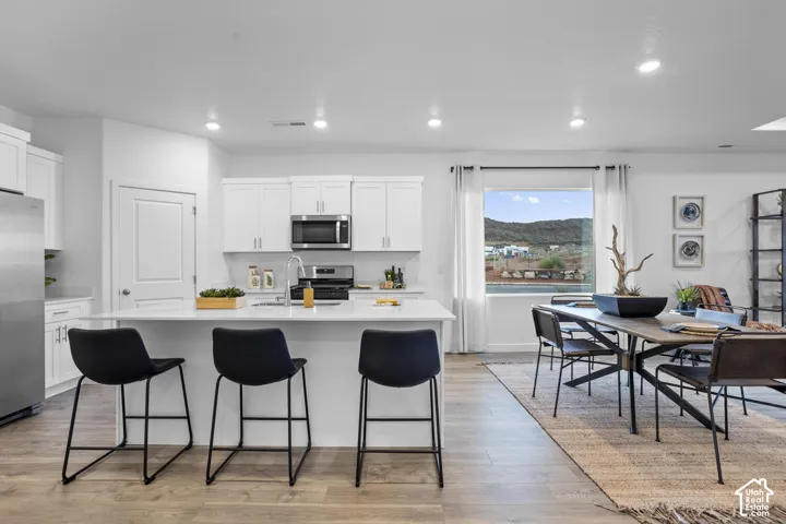 Contemporary kitchen featuring white cabinetry, stainless steel appliances, a center island with countertop seating, and wood-finish flooring