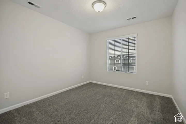 Neutral wall tones, textured ceiling, window with blinds, overhead light fixture, and carpeted flooring