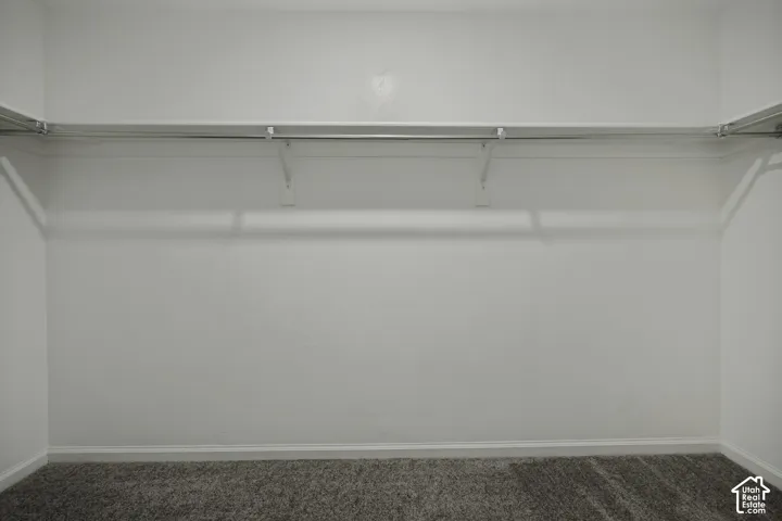 White walls, gray carpet, and a built-in metal shelving system