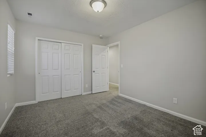 Wall-to-wall carpeting, window with blinds, ceiling-mounted light fixture, white interior doors