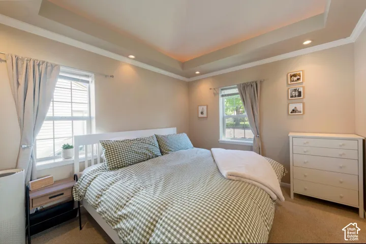 Tray ceiling with recessed lighting, crown molding, and two double-hung windows