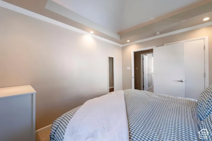 Vaulted ceiling with crown molding, recessed lighting, and flat panel doors