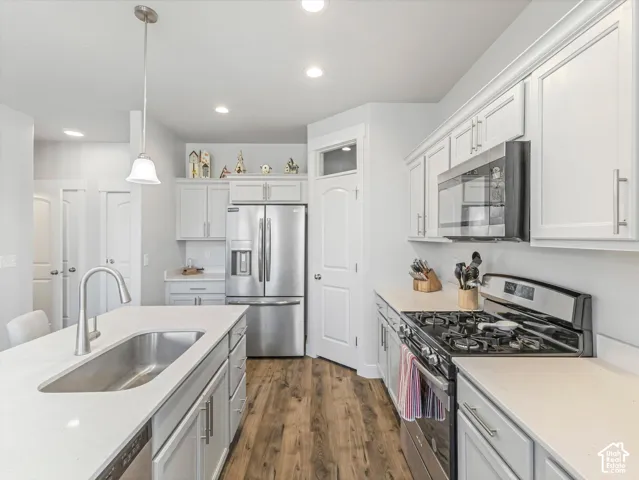 Kitchen featuring white cabinetry, stainless steel appliances, a large island with an undermount sink, and wood-finish flooring