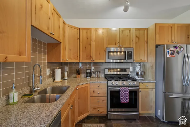 Wood cabinetry and stainless steel appliances, featuring a double basin sink and a tile backsplash, with granite-finish countertops