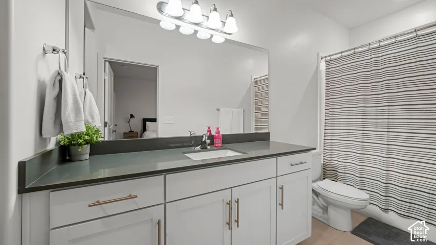 Vanity with a single basin sink, light-toned cabinetry, and a dark-toned countertop