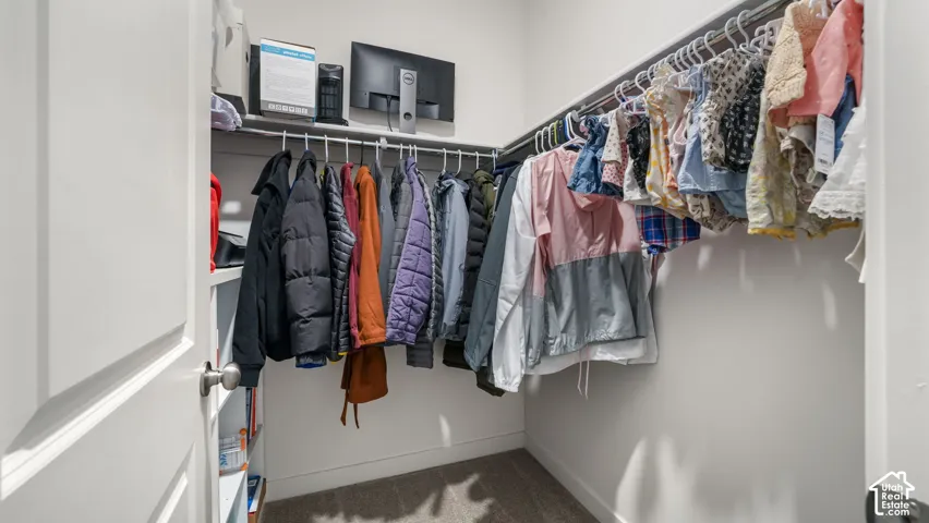Built-in shelving and hanging rods in a white closet with gray carpet