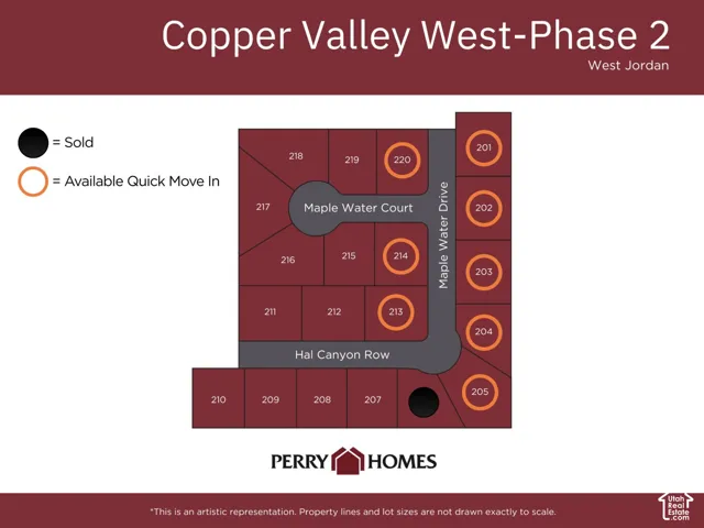 Development Map. Indicating the status of individual plots within the Copper Valley West-Phase 2 development in West Jordan