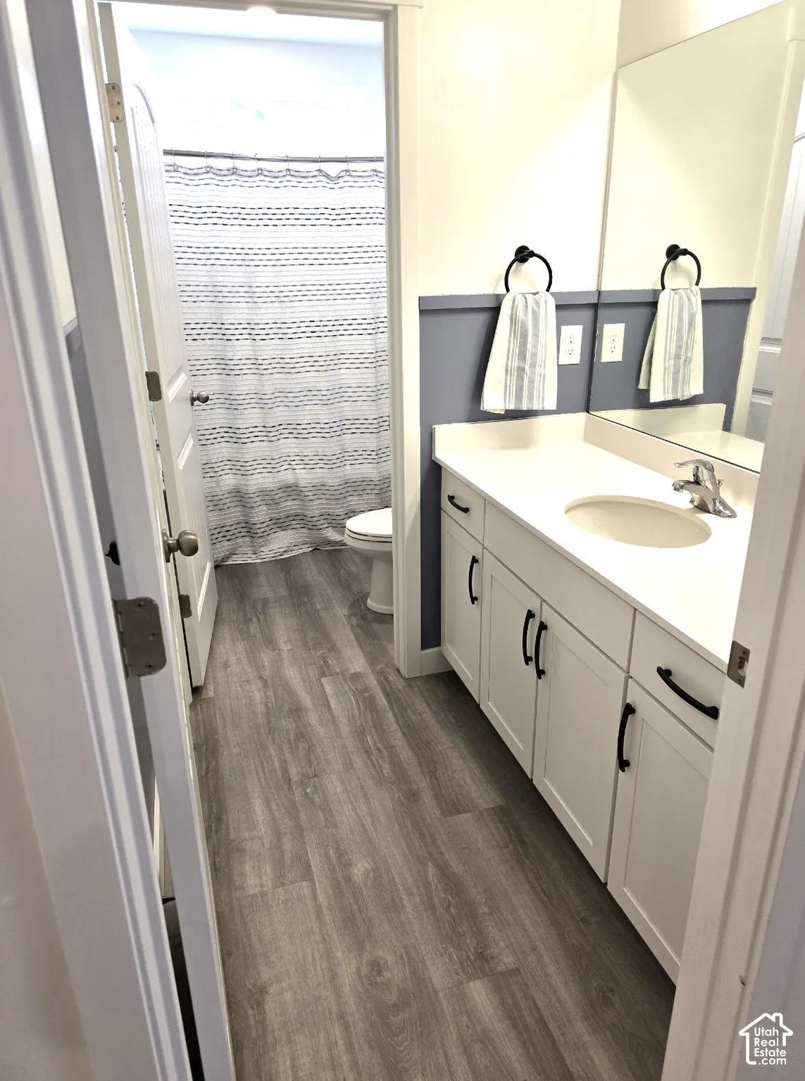 Bathroom featuring wood-finish flooring, a white vanity with an integrated sink, a large mirror, and a toilet