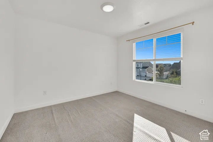 White painted walls, neutral carpet, and a flush-mount ceiling light fixture