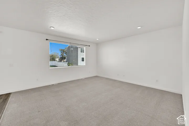 Recessed lighting, white painted walls, large window with blinds, light-colored carpet, and wood-finish flooring detail