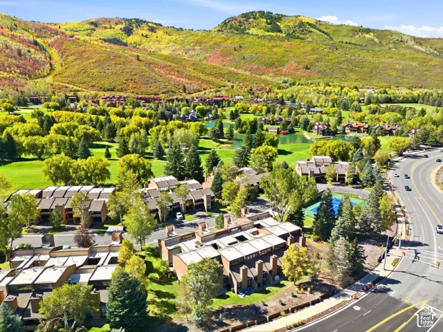 Aerial perspective showcasing a residential community with abundant mature trees and green spaces