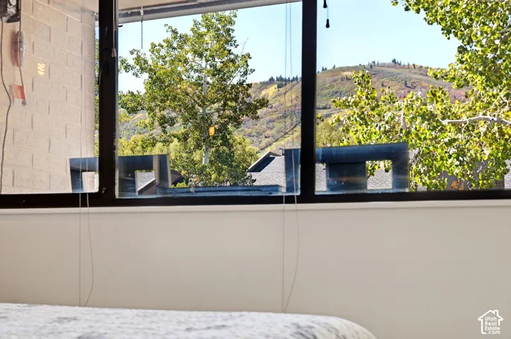 Expansive window featuring a dark frame, offering views of a distant mountain landscape and mature trees