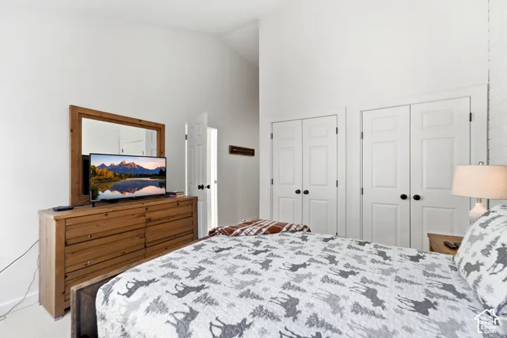 Vaulted ceiling with white paint, white paneled doors with dark hardware, and light wood-finish built-in cabinetry