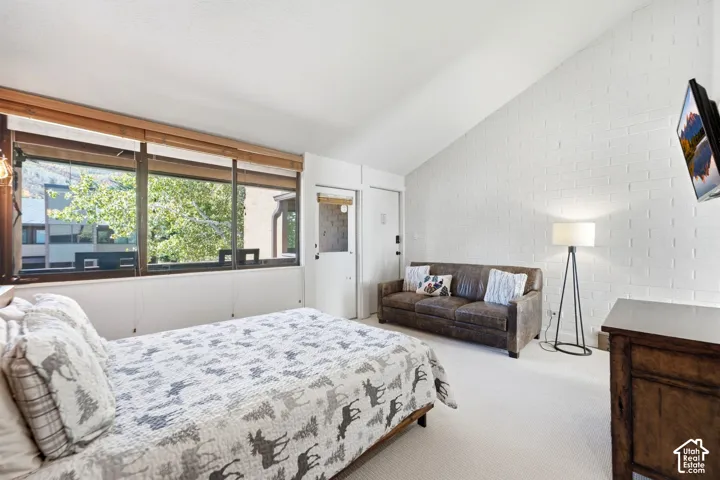 Vaulted ceiling with white painted brick accent wall