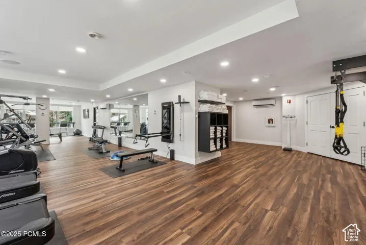 Spacious fitness area featuring wood-finish flooring, recessed lighting, mirrored walls, and multiple dual-panel doors