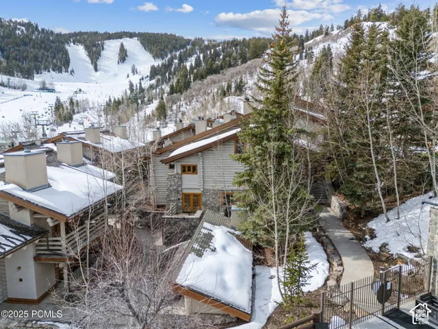 Wood-sided exterior with stone accents, multiple chimneys, and snow-covered rooftops, surrounded by mature trees