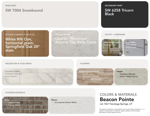 Color and Materials Palette. Detailing interior and exterior selections for the property