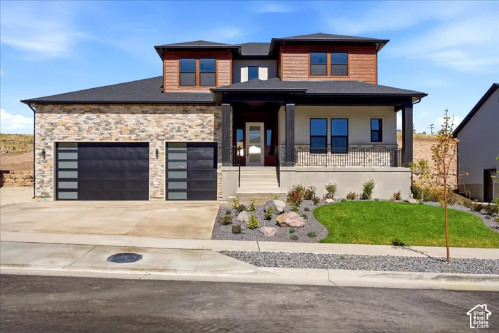 Stone veneer facade with wood-look siding accents