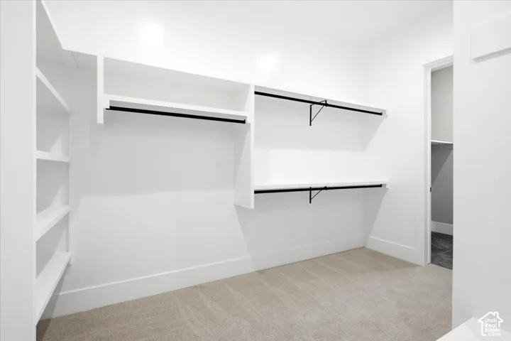 Built-in shelving, dual hanging rods, recessed lighting, and carpet flooring