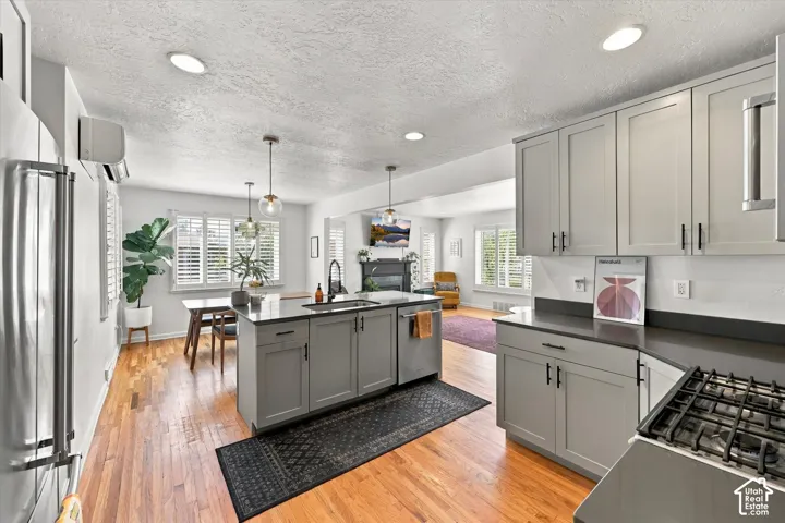 Kitchen featuring wood-finish flooring, recessed lighting, an island with a sink, stainless steel appliances, and light gray cabinetry