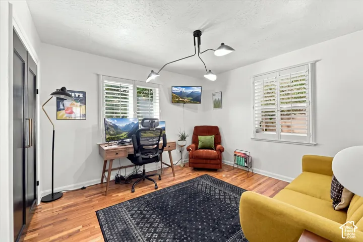 Wood-finish flooring, white walls, and a modern ceiling light fixture